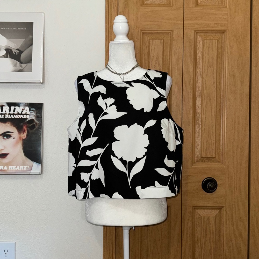 Kate Spade Target Black White Floral Crop Top Sleeveless Cotton Shell Women's L